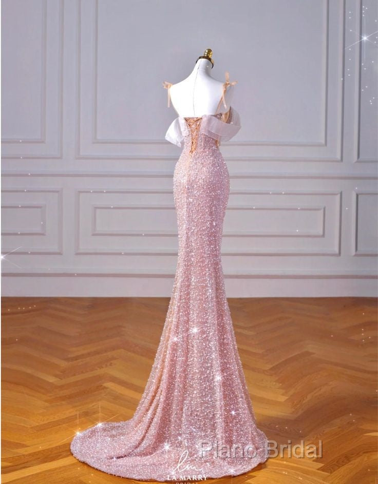 Sparkly Mermaid Straps Pink Tulle Pearls Long Formal Prom Dresses