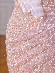 Sparkly Mermaid Straps Pink Tulle Pearls Long Formal Prom Dresses