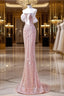 Sparkly Mermaid Straps Pink Tulle Pearls Long Formal Prom Dresses