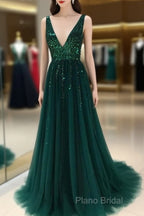 Sparkly Sequins Beaded V-Neck Tulle Open Back Formal Dresses