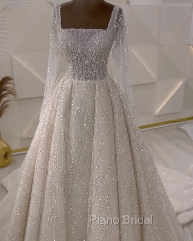 Sparkly Square Neck Long Sleeve Wedding Dresses