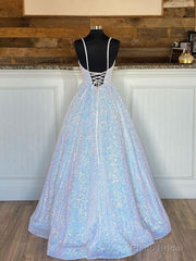 Sparkly V Neck Backless Prom Dresses, Open Back Shiny Formal Graduation Dresses