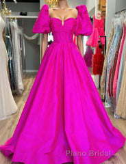 Square Neck Fuchsia Puff Sleeves A-Line Formal Prom Dresses