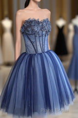 Charming Blue Lace Tule A Lin Short Formal Prom Dresses, Homecoming Dresses