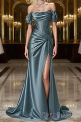 Steel Blue Silk Evening Dresses - Corset Back Wedding Dresses with Off-the-Shoulder Design Plus Size