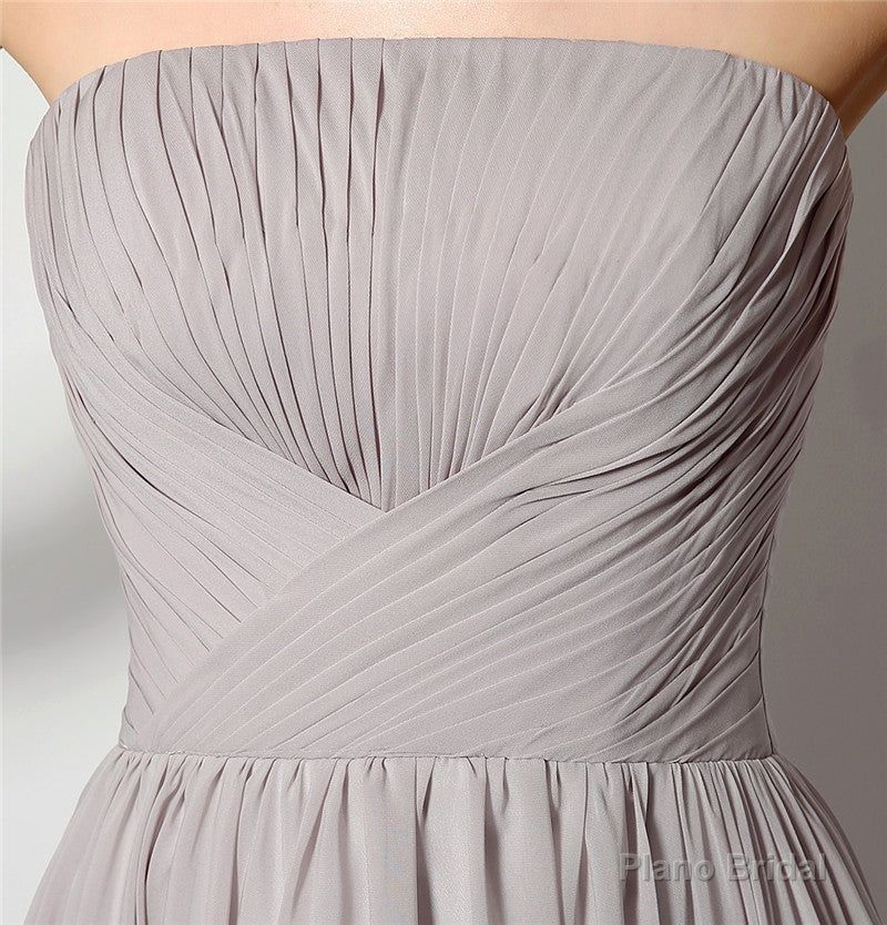 Strapless A Line Chiffon Long Silver Bridesmaid Dresses