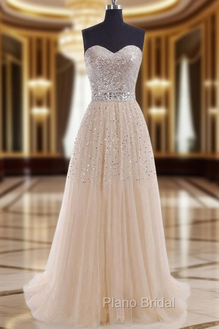 Strapless A-Line/Princess Sweep Train Tulle Formal Prom Dresses With Beaded