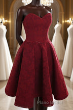 Strapless Backless Burgundy Lace Short Formal Prom Dress, Short Burgundy Lace Homecoming Dress
