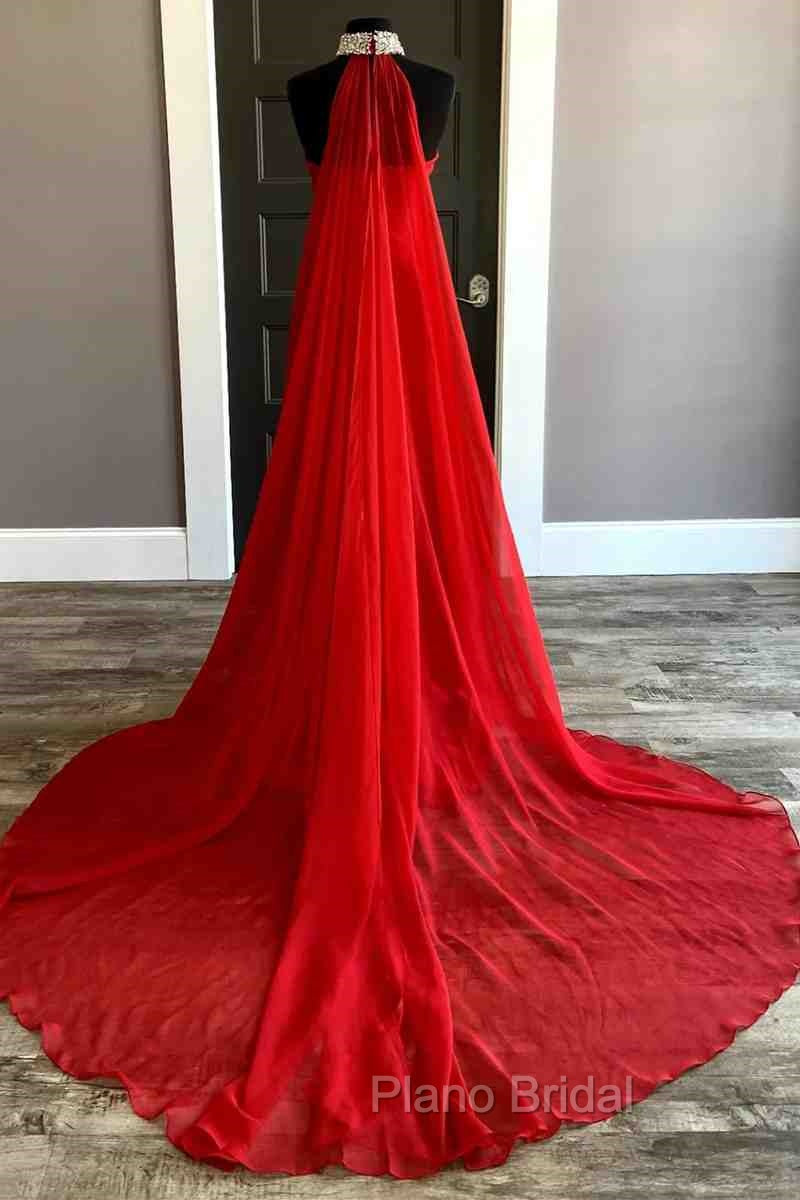 Strapless Beaded Side Slit Red Long Formal Prom Dresses With Cape