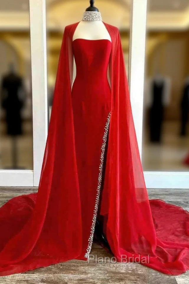 Strapless Beaded Side Slit Red Long Formal Prom Dresses With Cape Main image