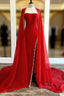 Strapless Beaded Side Slit Red Long Formal Prom Dresses With Cape