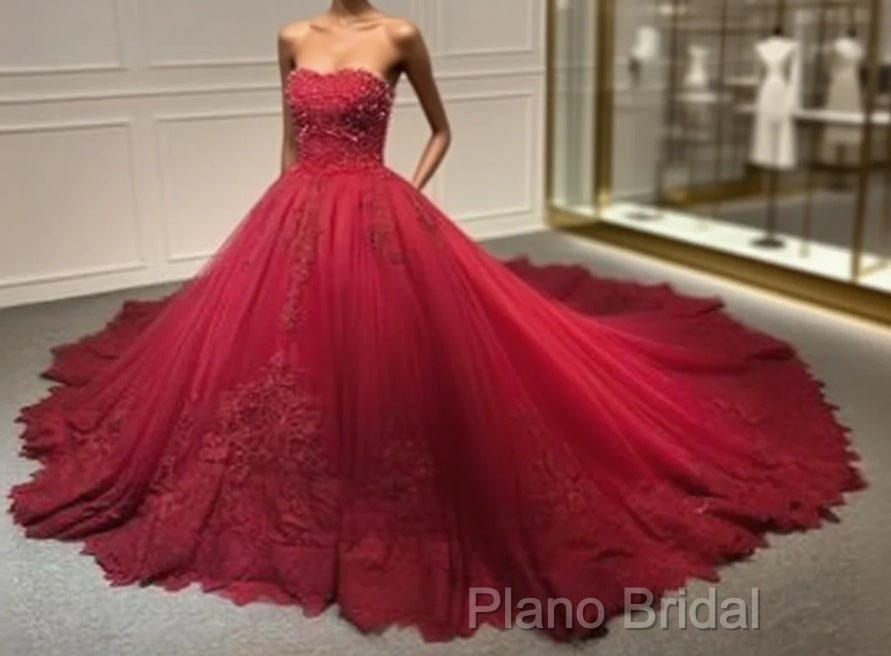 Strapless Dark Red Ball Gown Lace Appliques Pearls Crystals Sequins Beaded Wedding Dresses Formal Prom Dresses Main image