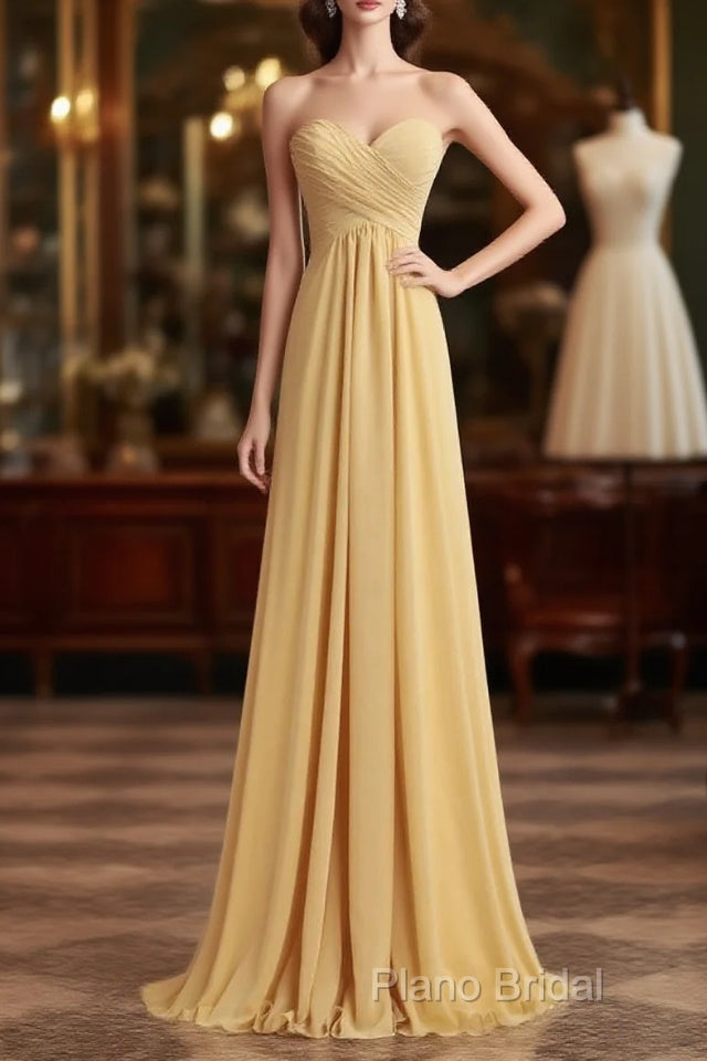 Strapless Gold High Waist Chiffon Long Bridesmaid Dresses