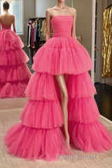 Strapless Hot Pink High Low Formal Prom Dresses, Hot Pink High Low Formal Homecoming Dresses