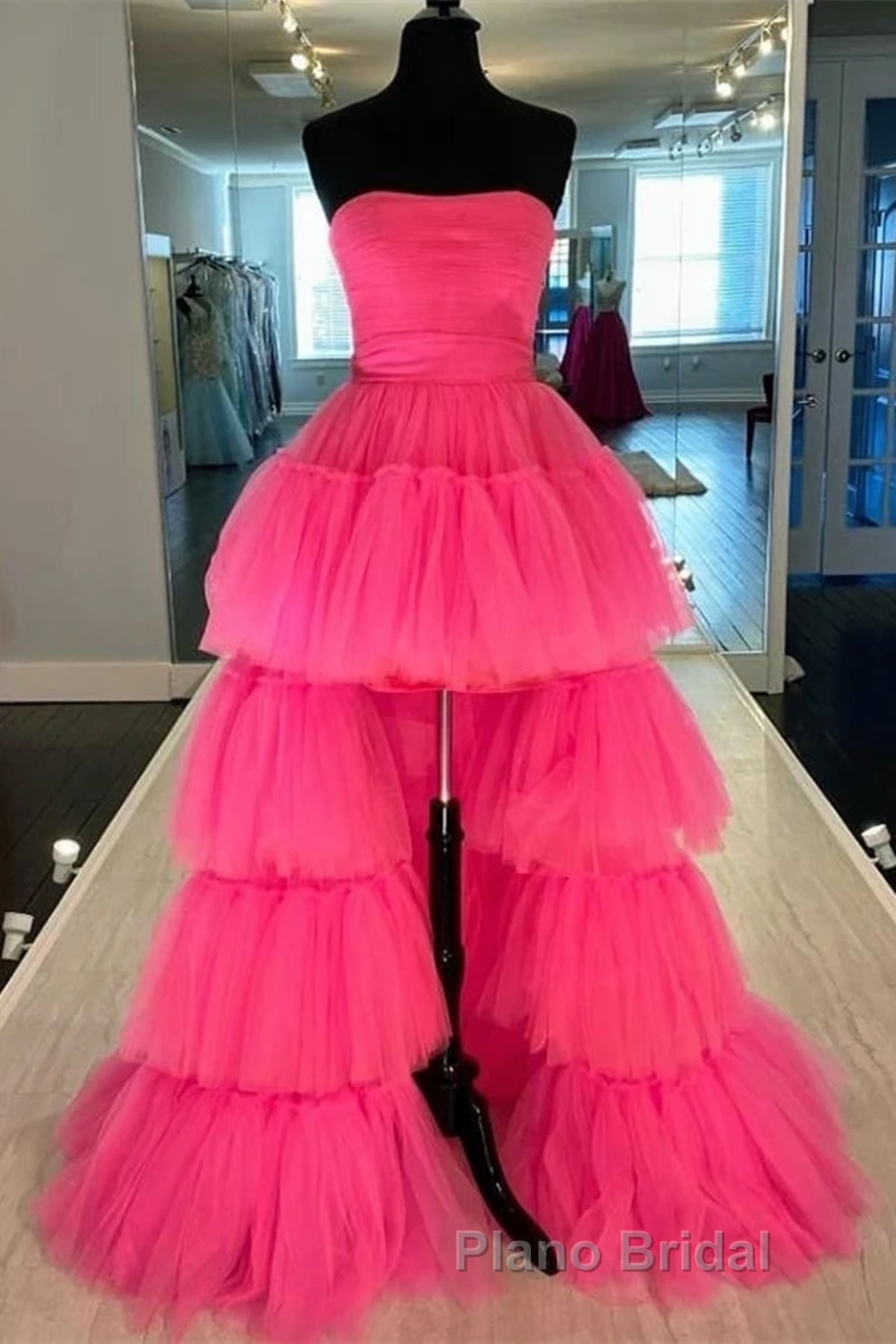 Strapless Hot Pink High Low Formal Prom Dresses, Hot Pink High Low Formal Homecoming Dresses