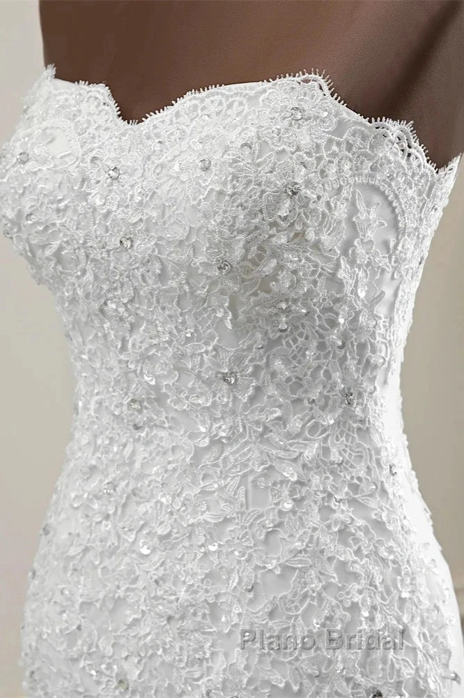 Strapless Lace Appliques Bride Gown Long Mermaid Wedding Gown With Beadings