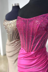 Strapless Mermaid Beaded Long Formal Prom Dresses With Slit