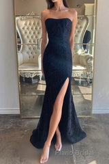 Strapless Mermaid Dark Blue Lace Long Formal Prom Dresses, Mermaid Dark Blue Lace Formal Dresses, Dark Blue Lace Evening Dresses