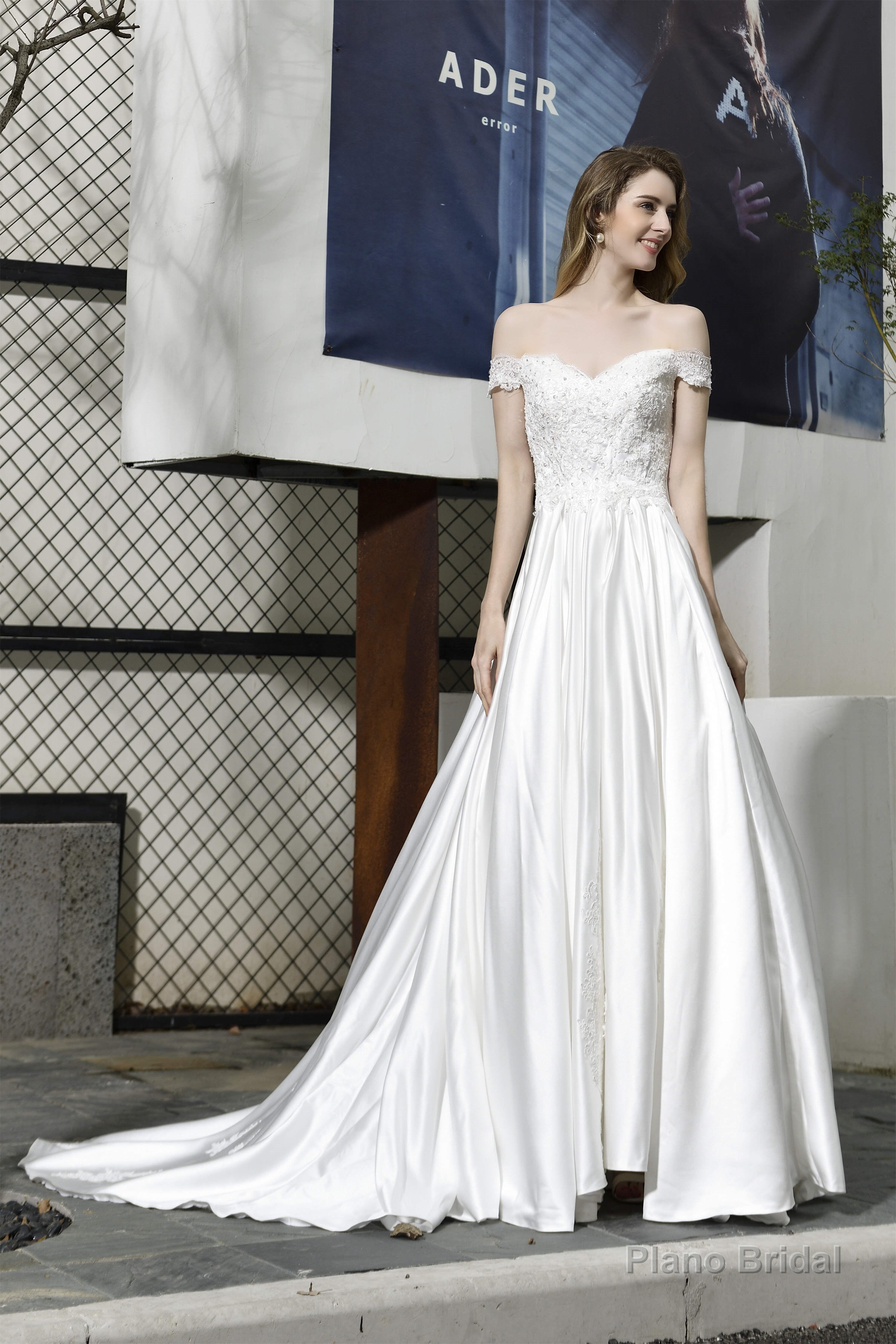 Strapless Off shoulder Appliques Sequins Satin Wedding Dresses Main image