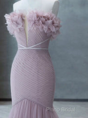 Strapless Pink Chiffon Creased Formal Dresses Floor Length Mermaid Formal Prom Dresses With Sweep