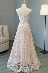 Strapless Pink Lace Long Formal Prom Dresses, Pink Lace Formal Graduation Evening Dresses
