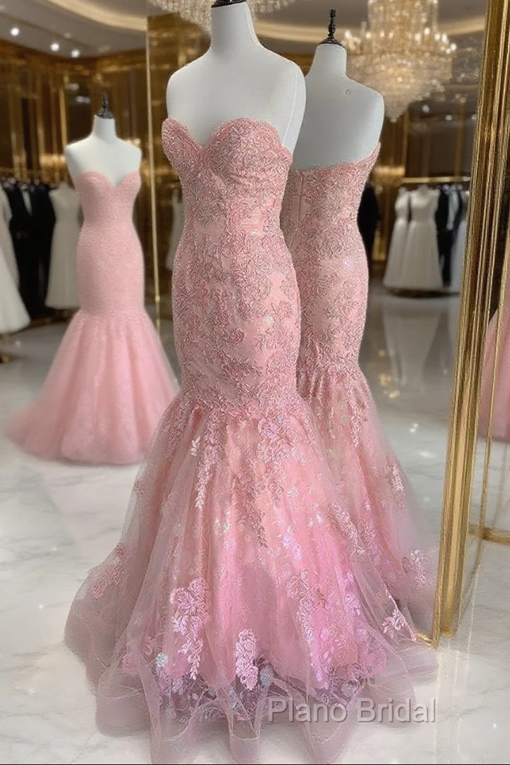 Strapless Pink Tulle Lace Long Mermaid Formal Prom Dresses Formal Dresses Main image