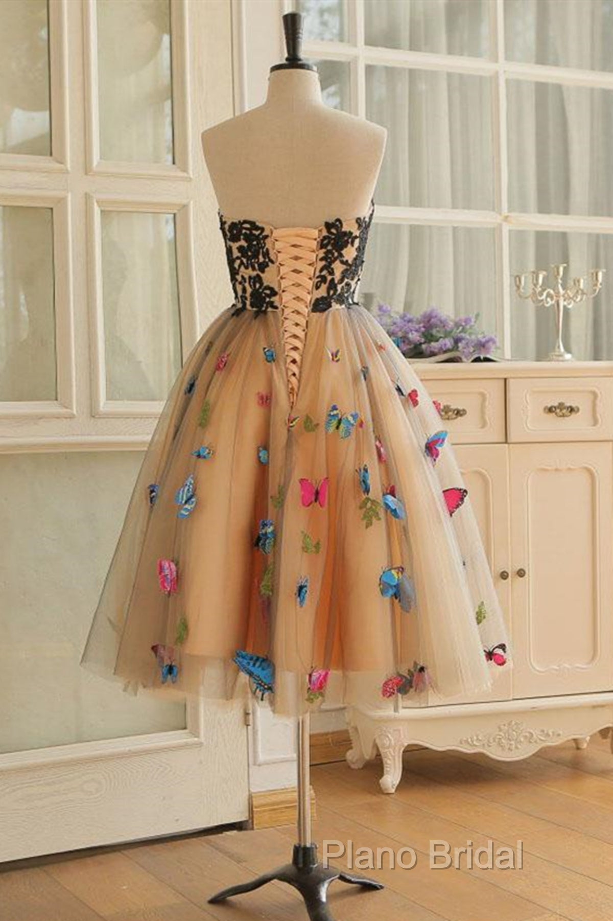 Strapless Short Champagne Floral Formal Prom Dresses, 3D Floral Short Champagne Formal Graduation Dresses
