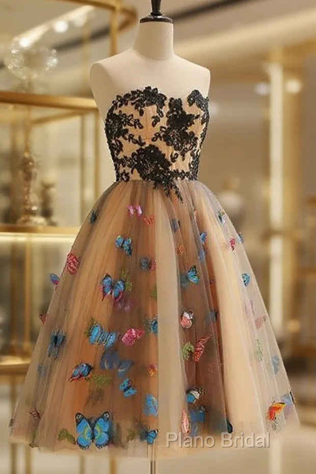Strapless Short Champagne Floral Formal Prom Dresses, 3D Floral Short Champagne Formal Graduation Dresses Main image