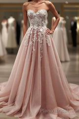 Strapless Sweetheart Neck Pink Lace Appliques Long Formal Prom Dress, Pink Lace Floral Formal Dress, Pink Evening Dress