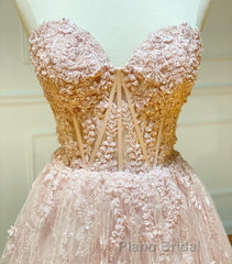 Strapless Sweetheart Neck Pink Lace Long Formal Prom Dress, Pink Lace Formal Graduation Evening Dress