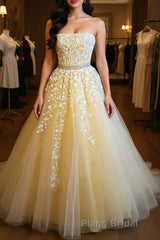 Strapless Yellow Lace Long Formal Prom Dress, Yellow Lace Formal Graduation Evening Dress, Yellow Ball Gown