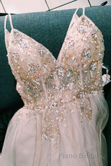 Straps A-Line Beading Rose Wood Formal Prom Dresses with Crystal