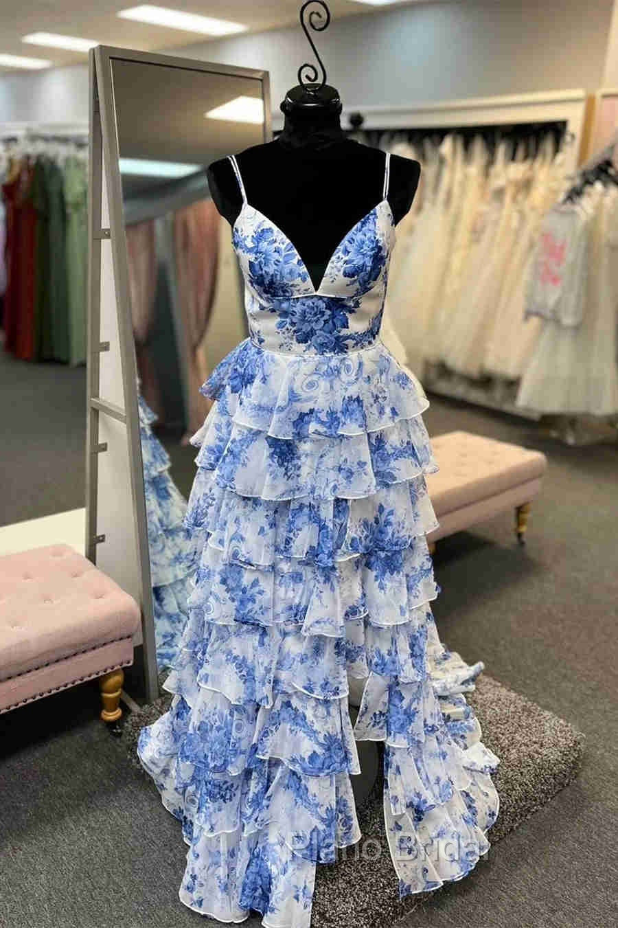 Straps Blue Floral Print High Slit Ruffled Formal Prom Dresses