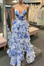 Straps Blue Floral Print High Slit Ruffled Formal Prom Dresses