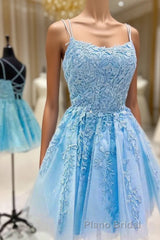 Straps Lace Applique Blue Homecoming Dresses,Fuchsia Cocktail Dresses