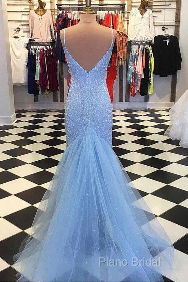 Straps Light Blue Mermaid Formal Prom Dresses Beaded Backless Formal Dresses Secondary image