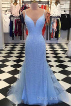 Straps Light Blue Mermaid Formal Prom Dresses Beaded Backless Formal Dresses