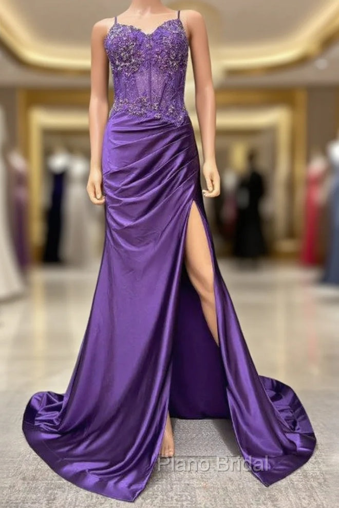 Straps Mermaid Long Formal Prom Dresses With Lace Top And Skirt Slit Main image