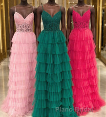 Straps Pink Lace Corset Layered Tulle Prom Dresses