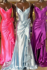 Straps V-Neck Satin Mermaid Formal Prom Dresses with Bow