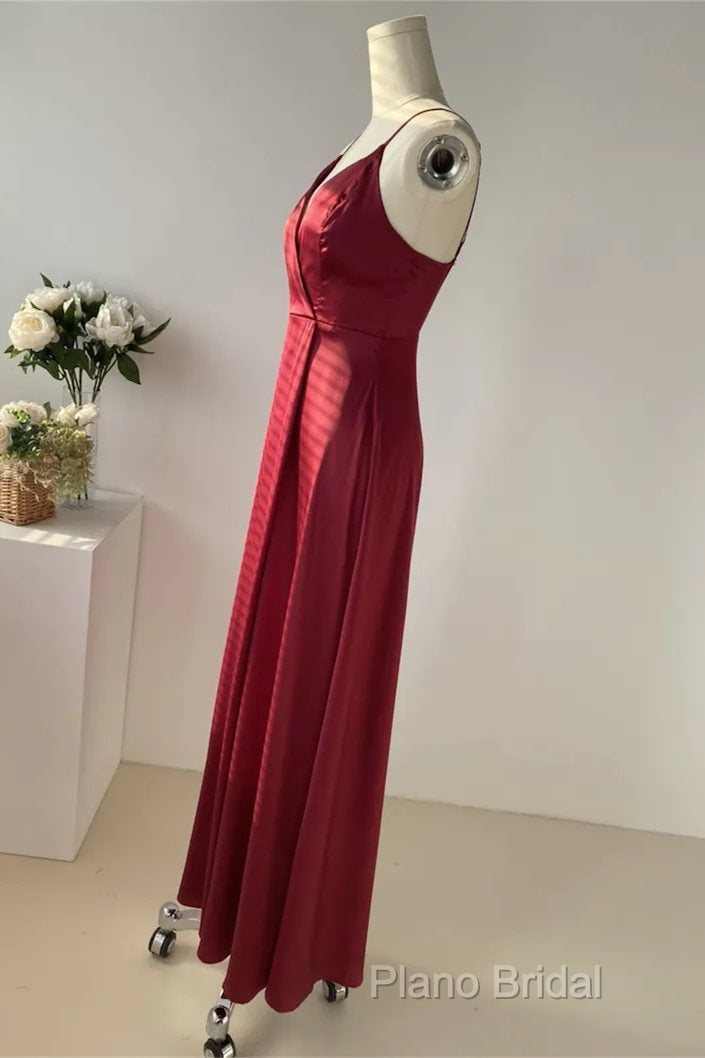 Straps Wine Red Satin Long Bridesmaid Dresses Secondary image