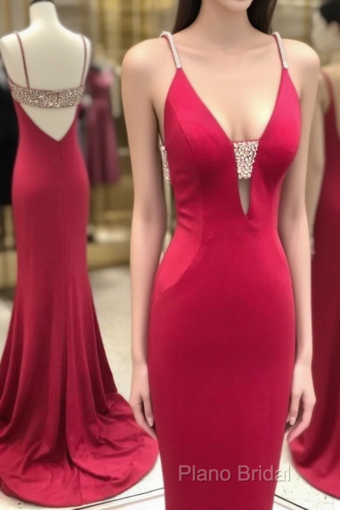Stunning Elegant Mermaid Sexy Spaghetti Straps Beaded Red Formal Prom Dresses,Charming Backless Formal Dresses,Dance Dresses