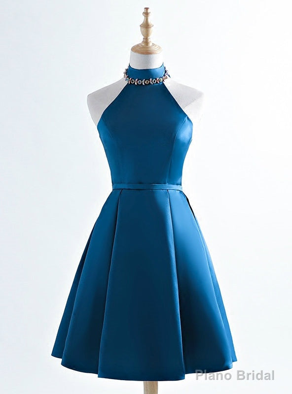 Stunning Sexy Halter Neck A-line Short Satin With Beading Prom Dresses Main image