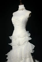 Stunning White Strapless Mermaid Organza Long Formal Prom Dresses Simple Wedding Dresses