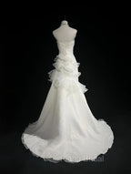 Stunning White Strapless Mermaid Organza Long Formal Prom Dresses Simple Wedding Dresses