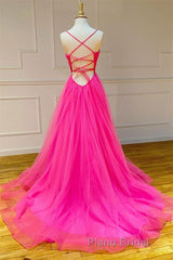 Stylish A Line V Neck Backless Hot Pink Long Formal Prom Dress, Backless Hot Pink Formal Graduation Evening Dress
