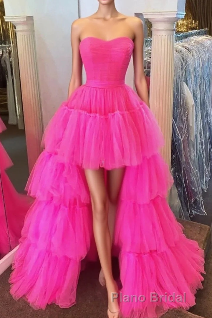 Stylish High Low Strapless Fuchsia Formal Prom Dresses with Ruffles Main image