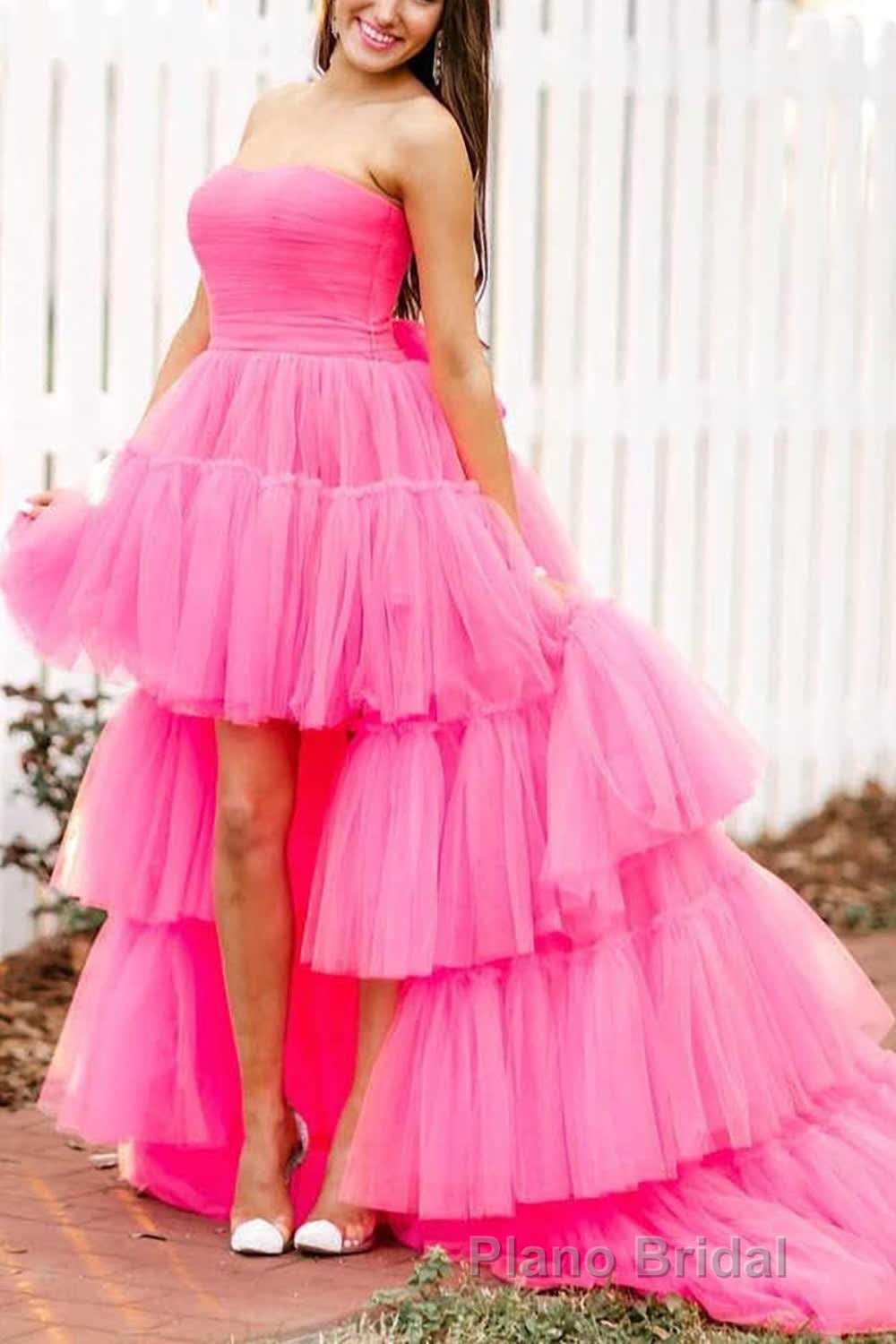 Stylish High Low Strapless Fuchsia Formal Prom Dresses with Ruffles