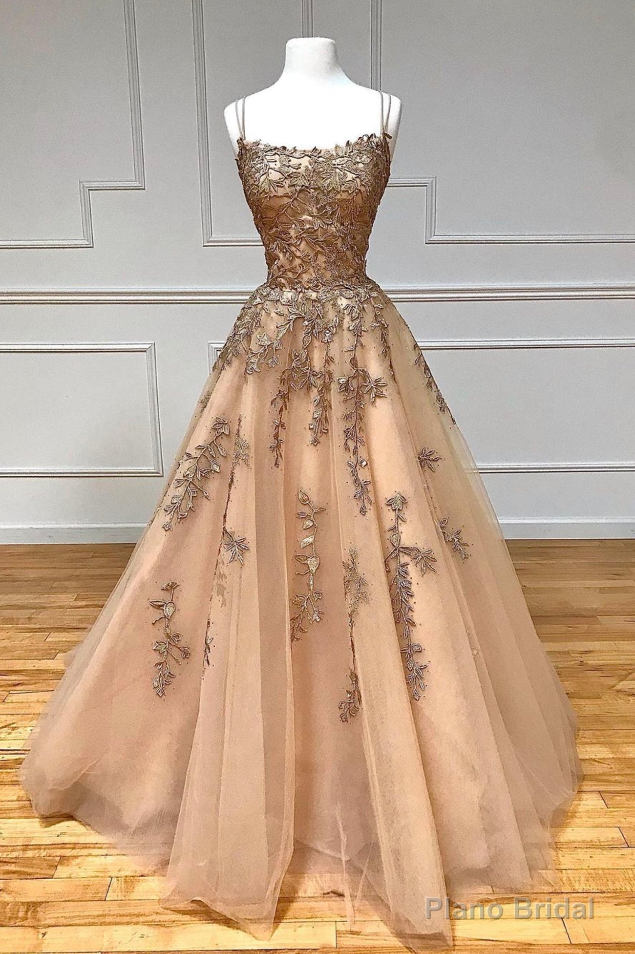 Stylish Tulle Long Prom Dress with Lace, A-Line Backless Formal Evening Dress