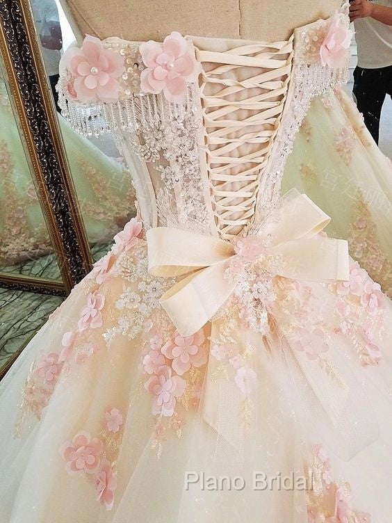 Sweet 16 Dresses Pink Lace Floral Formal Prom Dresses Ball Gown Off The Shoulder Elegant Beaded Luxury Formal Prom Gown Secondary image